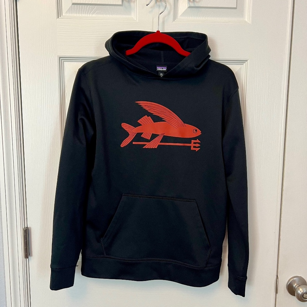 Patagonia Boys Flying Fish PolyCycle Hoodie XXL Black Red Gorpcore Retro